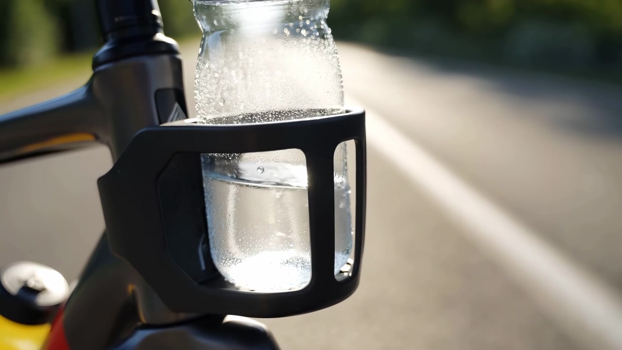 Inquadratura stretta dal basso di una borraccia d'acqua di plastica trasparente posizionata in un portaborraccia nero opaco per bicicletta vicino al manubrio, con riempimento parziale, condensa, riflessi luminosi e asfalto sfocato che creano un'atmosfera sportiva all'aperto.