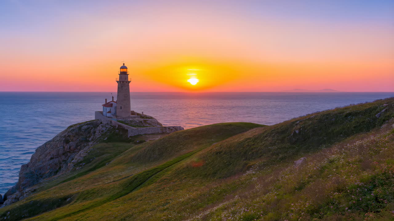 Lighthouse at Sunset on a Coastal Cliff