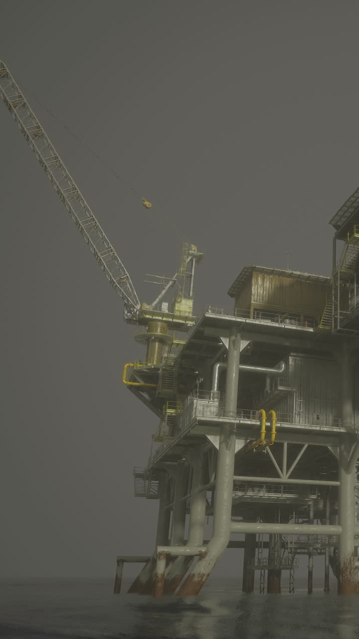 Olieplatform står i vand under grå himmel med kran og strukturer