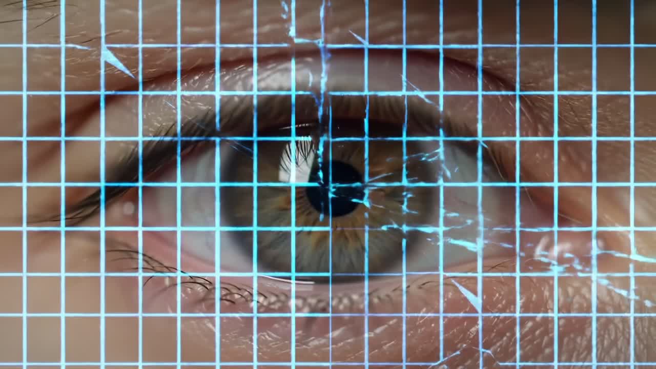 A Close-Up View of an Eye Behind a Broken Grid Pattern, Highlighting the Intricate Details and Textures of the Eye's Surface with a Futuristic Touch
