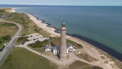 aerial skagen lighthouse with grenen beach and tip