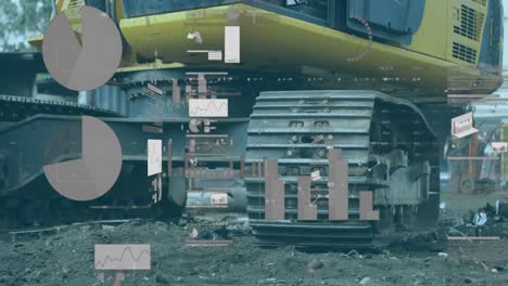 procesamiento de datos financieros contra la excavadora que trabaja en un sitio industrial urbano