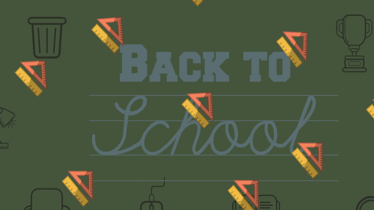 초록색 배경에서 반복되는 롤러와 정사각형으로 학교로 돌아가는 텍스트의 애니메이션