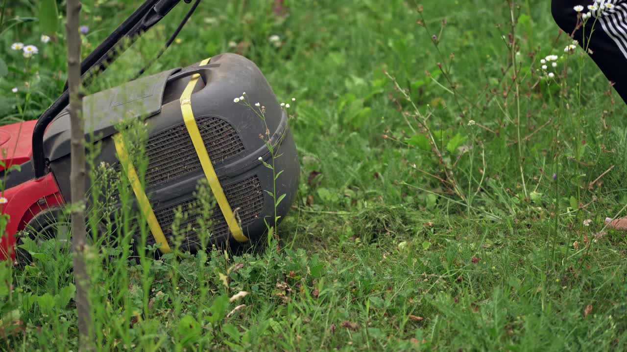 Red lawn mower in the garden. Mowing lawns.
