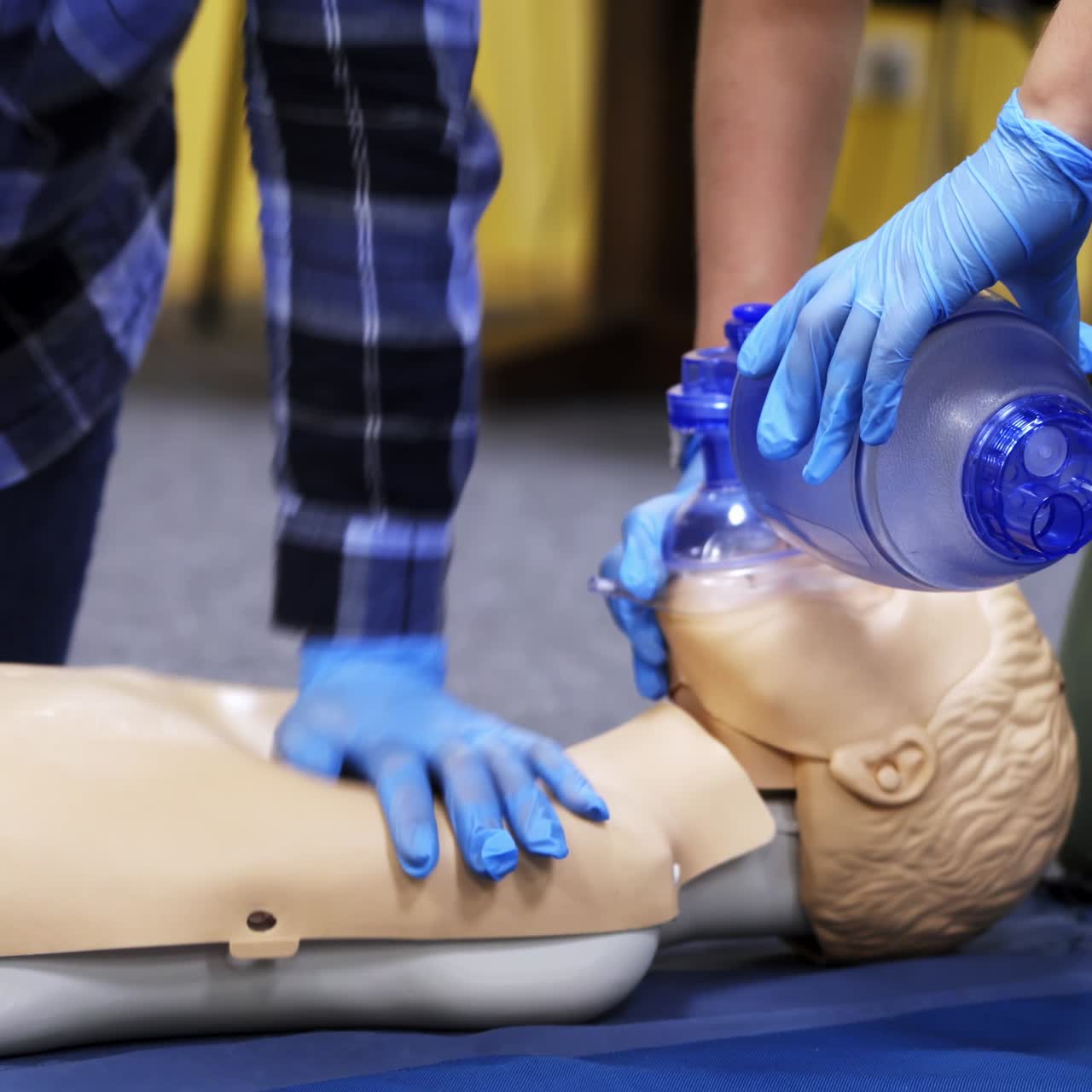 Dummies for medics used for first aid trainings. Oxigen masks on medical doll. Training for medics