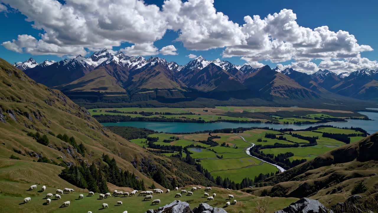 Aerial video captures a stunning landscape with sheep grazing on rolling hills, lush valleys