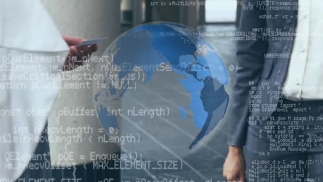hombres de negocios dándose la mano y un globo con códigos de programa