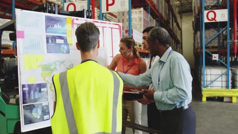 warehouse staff in discussion at an information board 4k