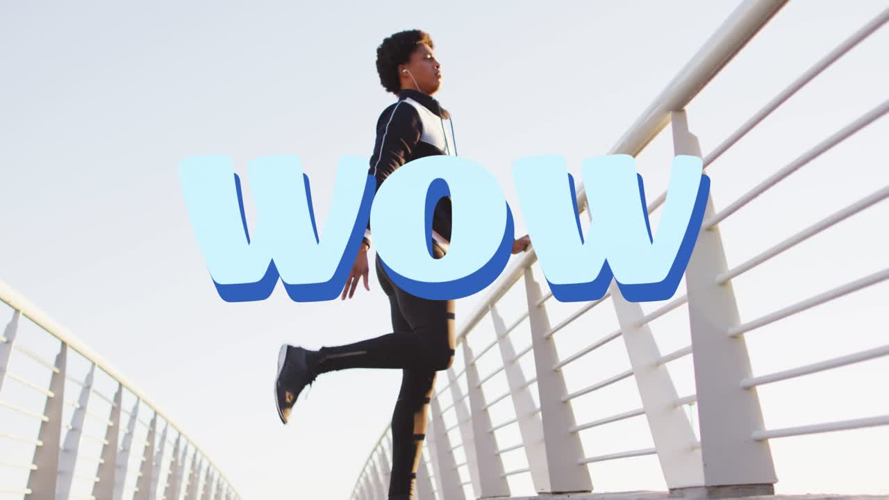 Man starting lunge holding rail on bridge, rising swinging leg for fitness WOW overlay hiding torso