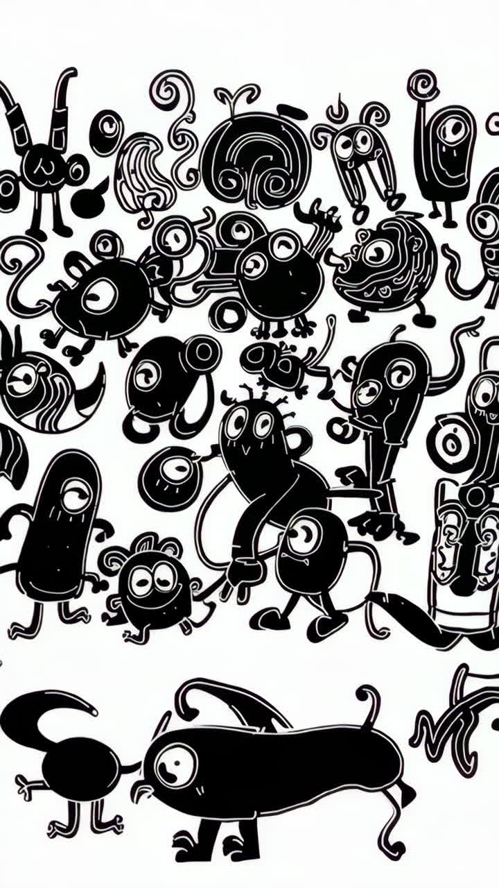 Collection of Whimsical Black and White Cartoon Monsters and Abstract Creatures