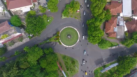 top view on fountain roundabout in mataram city on lombok island, indonesia