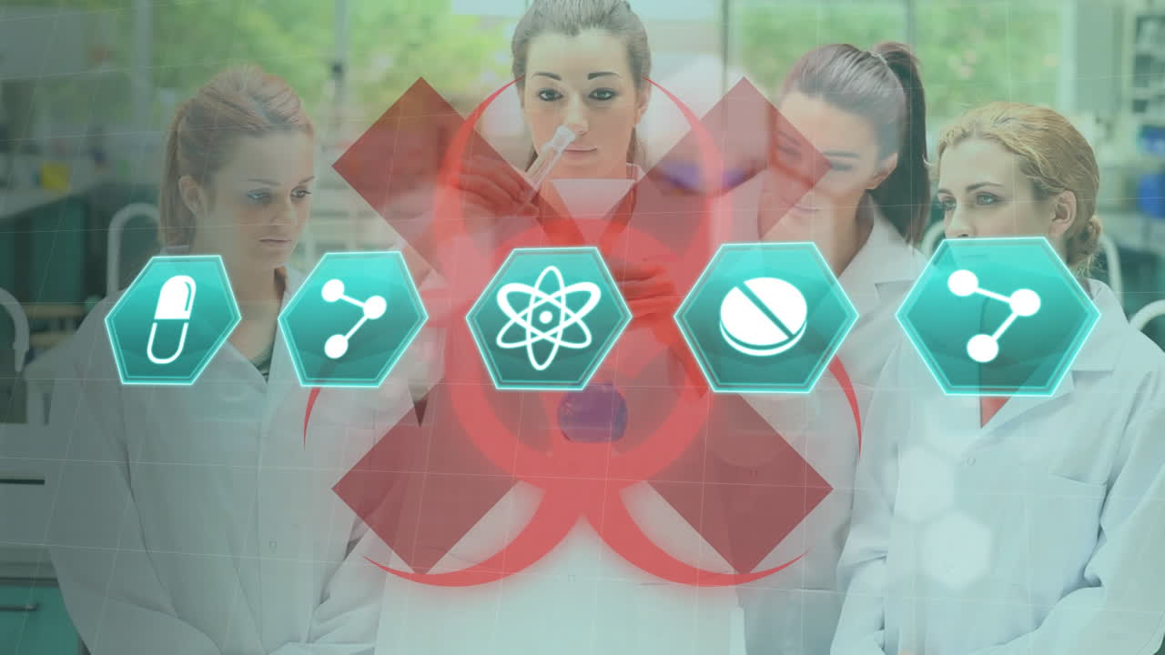 코로나19 코로나바이러스의 배경에서 과학자들 위에 건강 위험 표지판과 녹색 의료 아이콘이 있습니다.