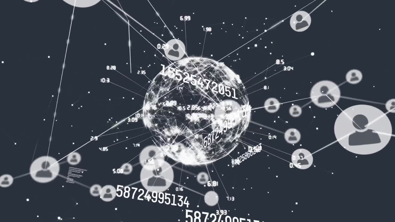 검은색 배경에 과학 데이터 처리에 대한 연결 웹과 아이콘의 애니메이션