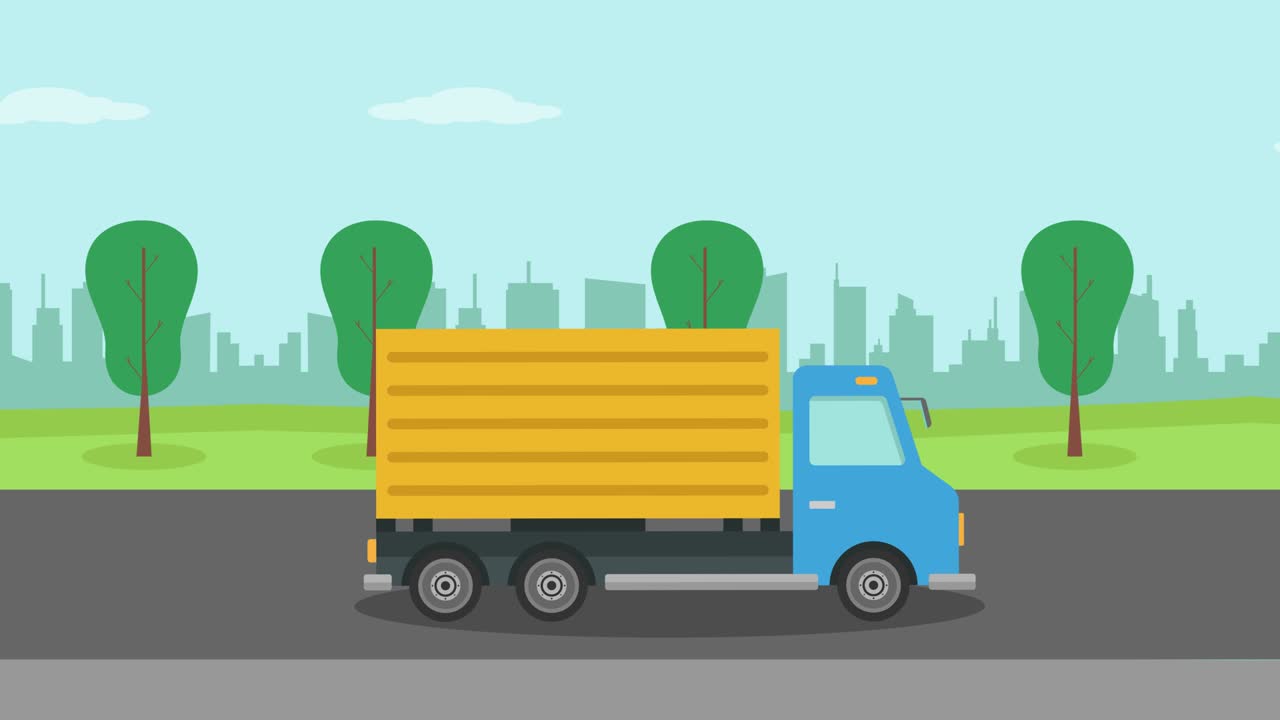 푸른 트럭이 녹색 공원 배경으로 도로를 이동