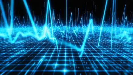a stunning visualization of digital signal waves in a blue neon grid, illustrating the flow of data and information through an intricate network structure