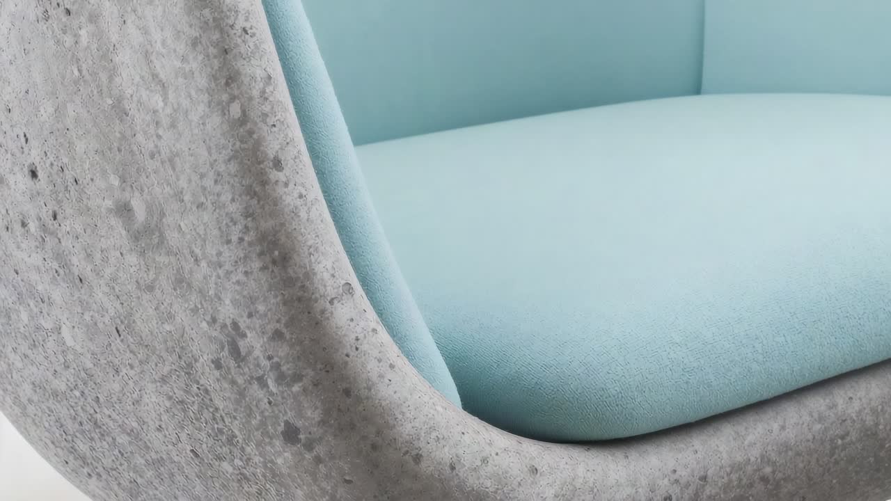 Panning camera revealing armchair in studio, showcasing light blue cushion, seam, gray shell