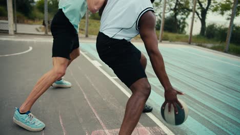 Close-up-shot-of-a-Black-man-in-a-white-t-shirt-bypassing-his-opponent-in-a-light-green-t-shirt-and-scoring-a-brilliant-goal-into-the-basketball-goal-on-the-outside-basketball-card