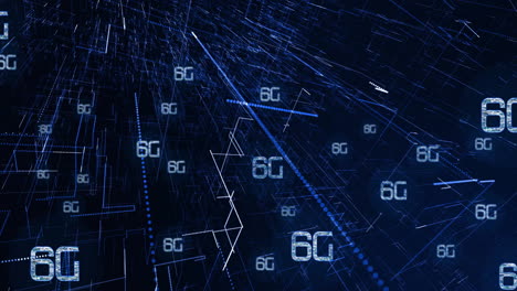 animation of 6g text and network of connections on dark background