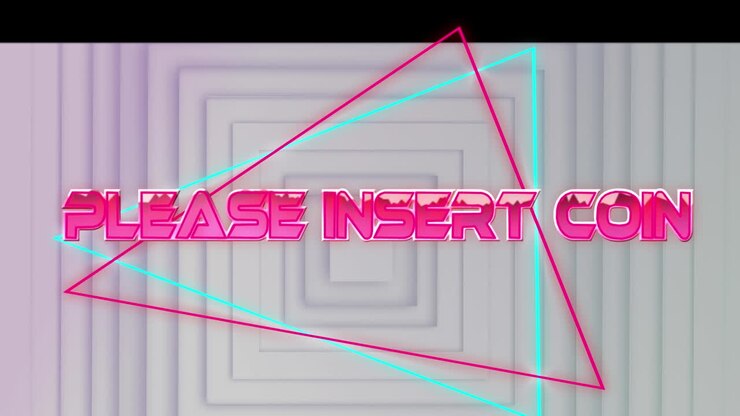 Animation of please insert coin text over white geometrical background