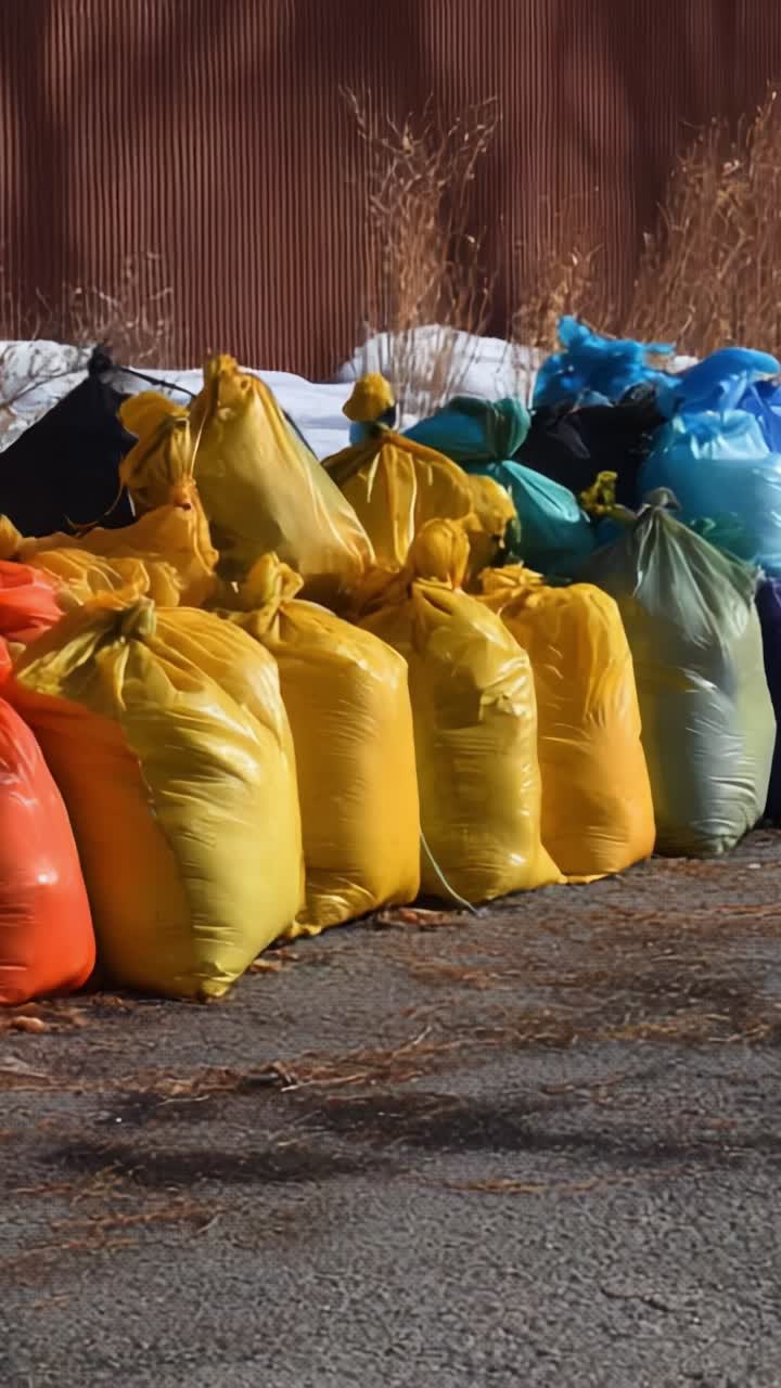 Vibrant Colorful Plastic Bags Lined Up in Rows Outdoors Displaying Various Hues and Textures Under Bright Natural Lighting in an Urban Environment