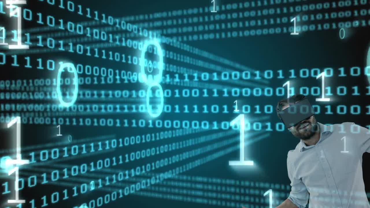 procesamiento de datos de codificación binaria sobre un hombre caucásico que usa auriculares vr contra un fondo negro