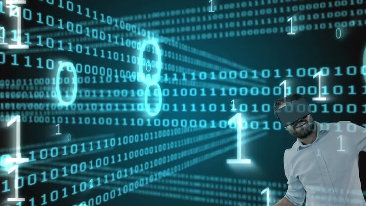 Binary coding data processing over caucasian man wearing vr headset against black background
