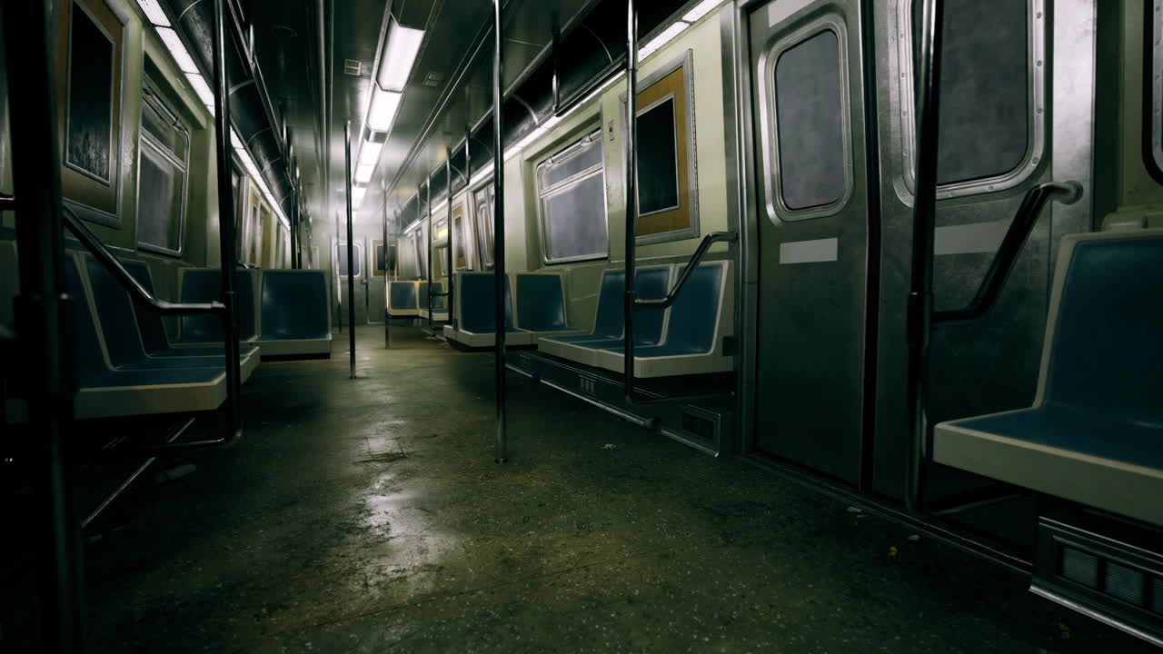 Vagone della metropolitana silenzioso di sera con sedili vuoti e illuminazione soffusa