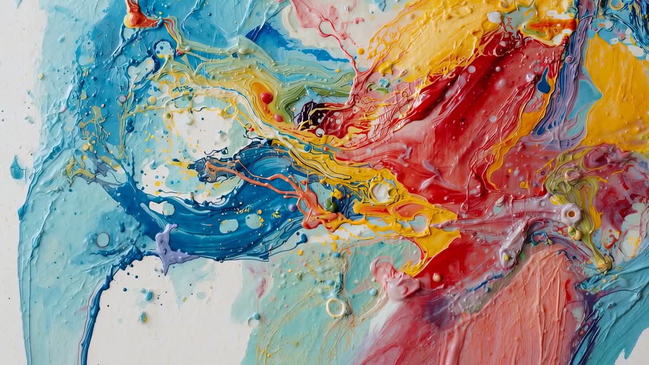 Flowing acrylic paint moving down stretched white canvas at studio, gravity pulling glossy drips