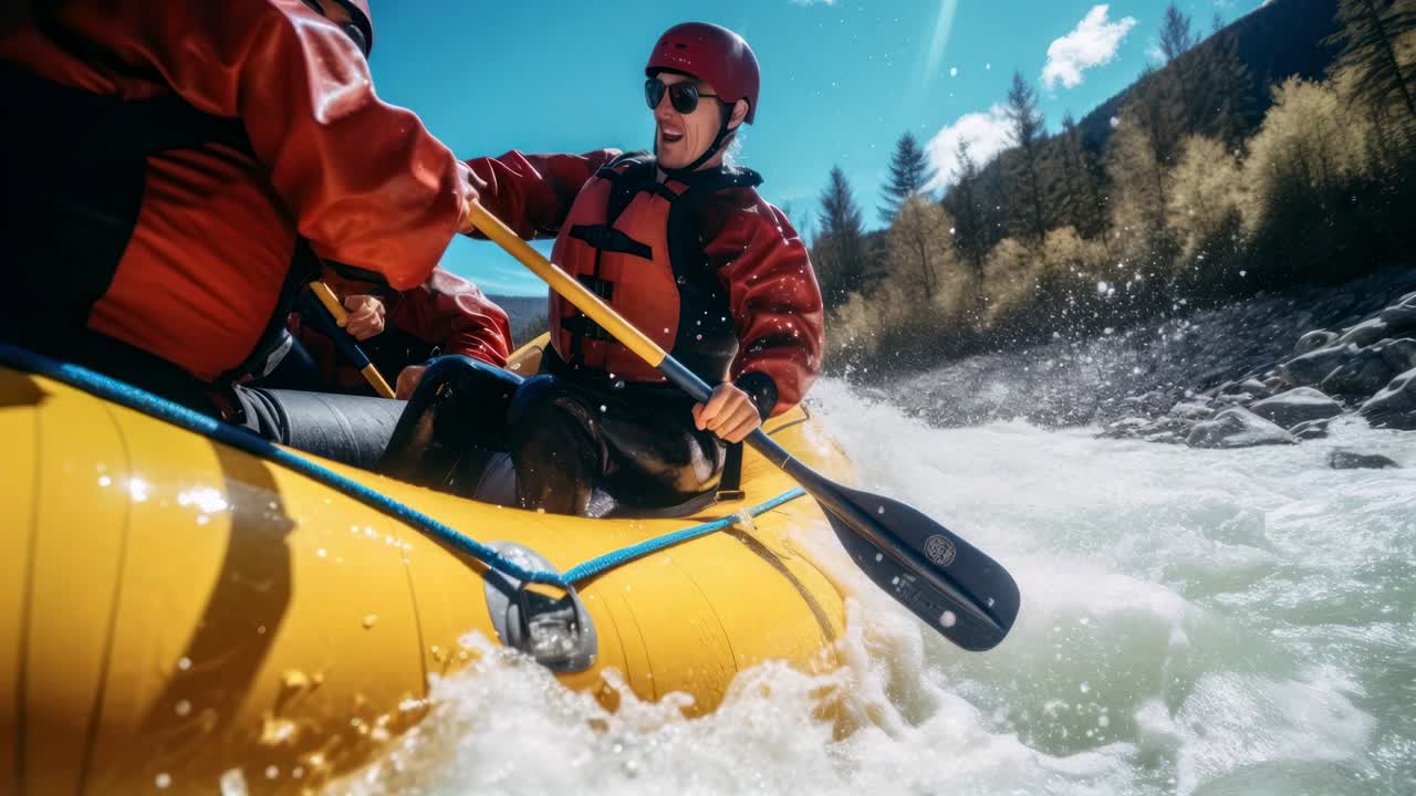 Dynamický videozáběr divoké vody při raftingu, zachycený z nízkého úhlu, který ukazuje dobrodružství