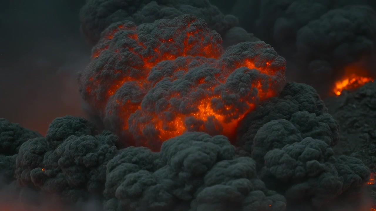 Erupting ash cloud surging outward following vent collapse, lightning striking glowing lava pockets