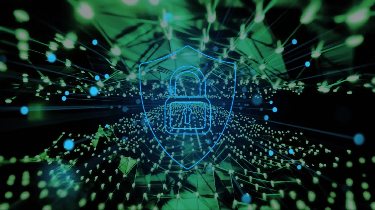 animación del icono del candado y procesamiento de datos a través de una malla de conexiones