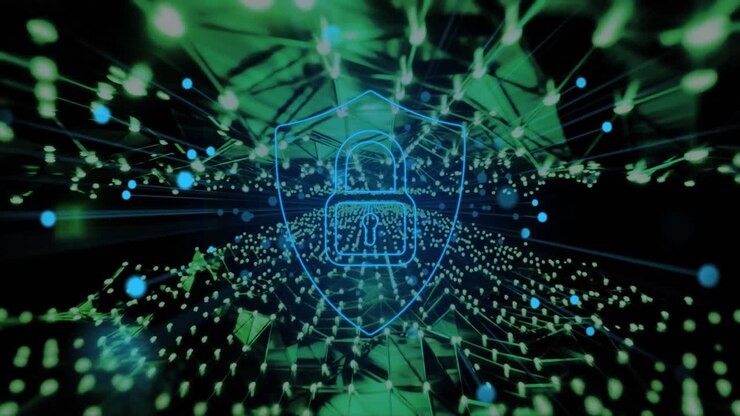 Animation of padlock icon and data processing over mesh of connections