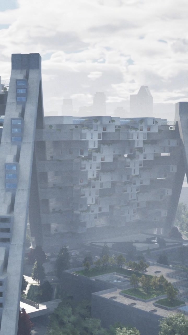 Design de arquitetura moderna exibe estruturas de concreto únicas com vegetação