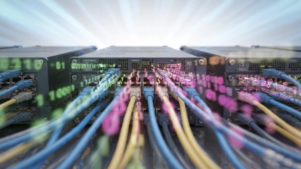 Advanced Data Transmission in Networking Equipment Featuring Complex Cabling and Digital Flow Over High-Speed Connections Between Servers