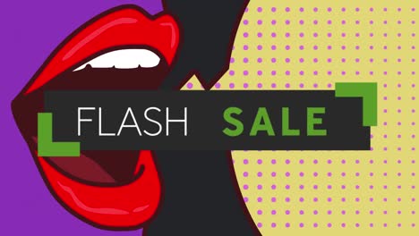 Digital-animation-of-flash-sale-text-banner-against-woman-mouth-and-speech-speech-bubble-icons