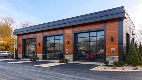 modern building with large glass garage doors