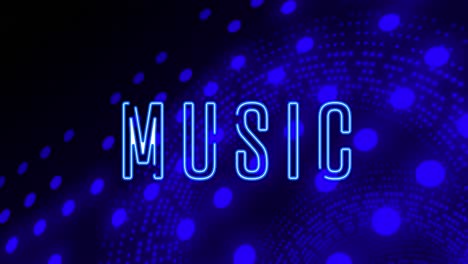 animation of music text and glowing blue light on black background