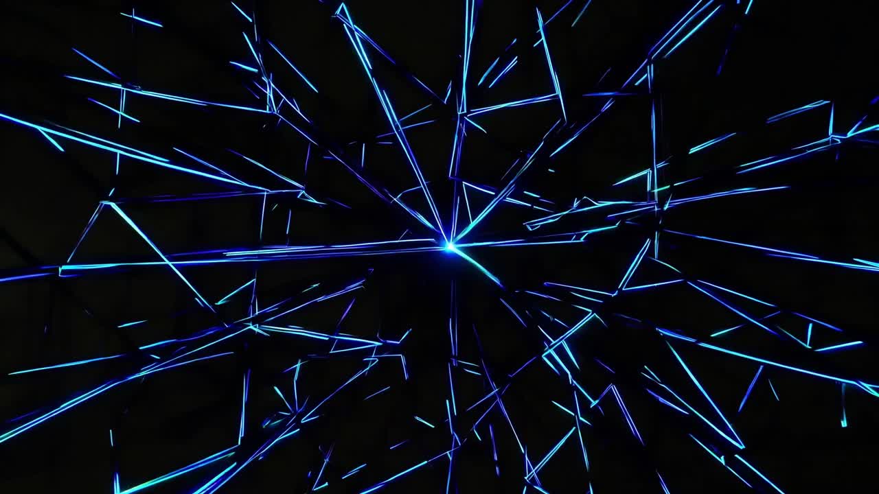 Dynamic blue laser beams radiate outward in a mesmerizing display, creating an intricate web of light and energy, showcasing vibrant motion and visual depth in a captivating scene