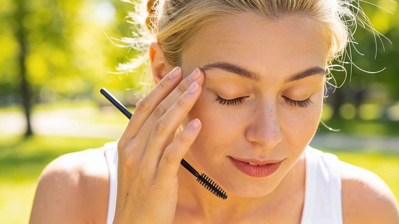 Lifting spoolie brush, woman with white tank top combing eyebrows in sunlit park, checking symmetry
