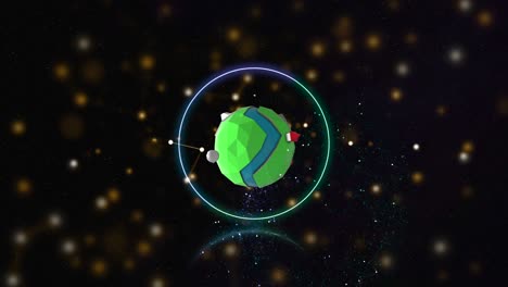 green low-poly cartoon planet with light ring around, floating through an abstract glittering particles space.