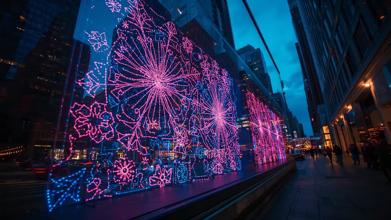 Starting at dusk, camera tracking neon starburst window display and passing pedestrians on sidewalk