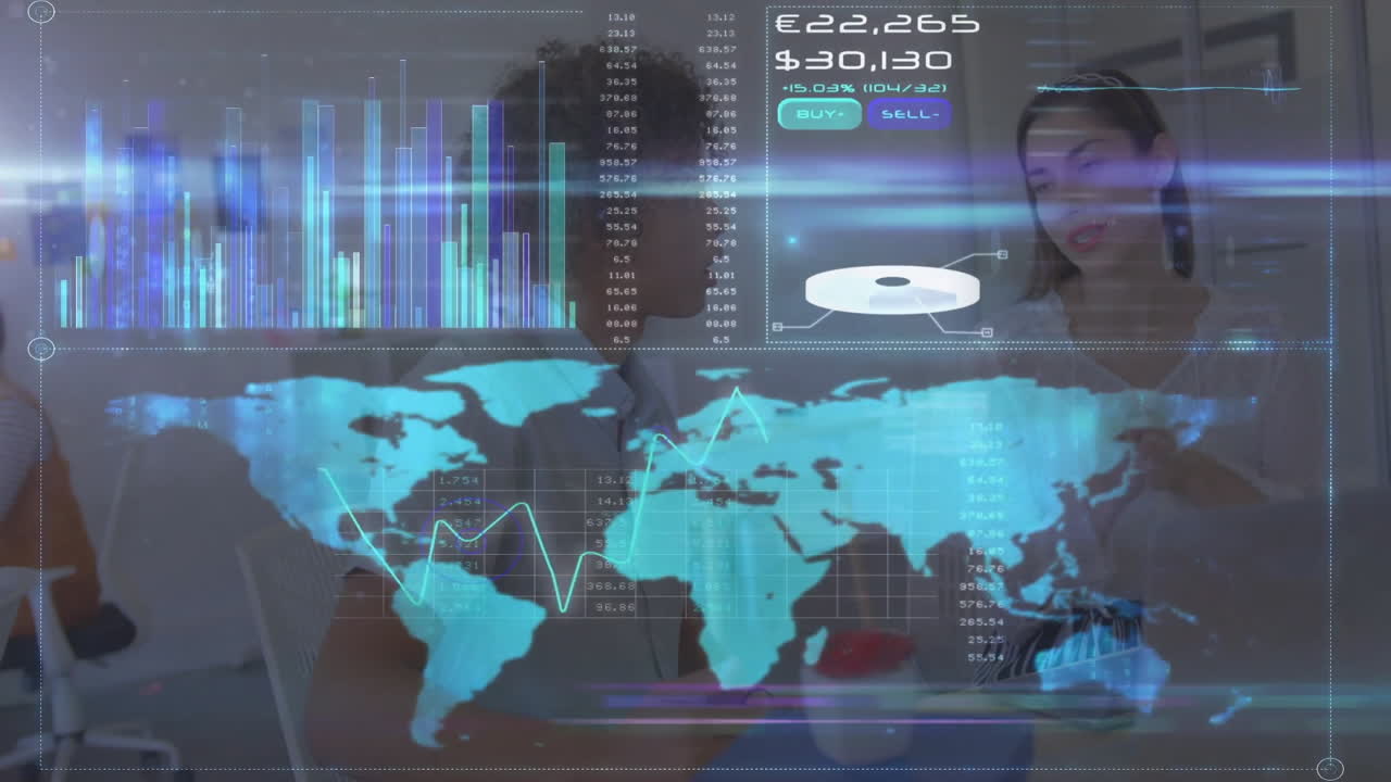 Business team collaborating around conference table, projecting holographic finance charts and data