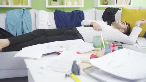 lazy man sleeps at home and leads a messy and untidy home.