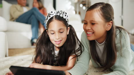 Smile,-tablet-and-kids-on-floor-in-home-on-social