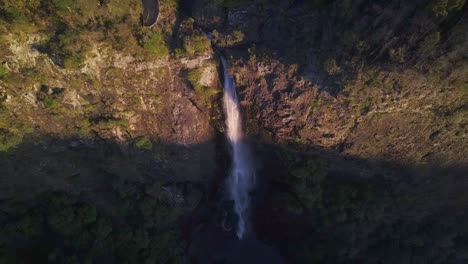 aerial cinematic view of ellenborough falls, new south wales, nsw, australia. slow pan to the top of the waterfall at golden hour with huge mountain shade from the rising sun.