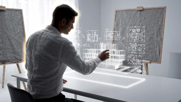 A Man Engaged in Architectural Visualization Using Advanced Technology, Observing 3D Building Models and Design Blueprints in a Modern Workspace Environment