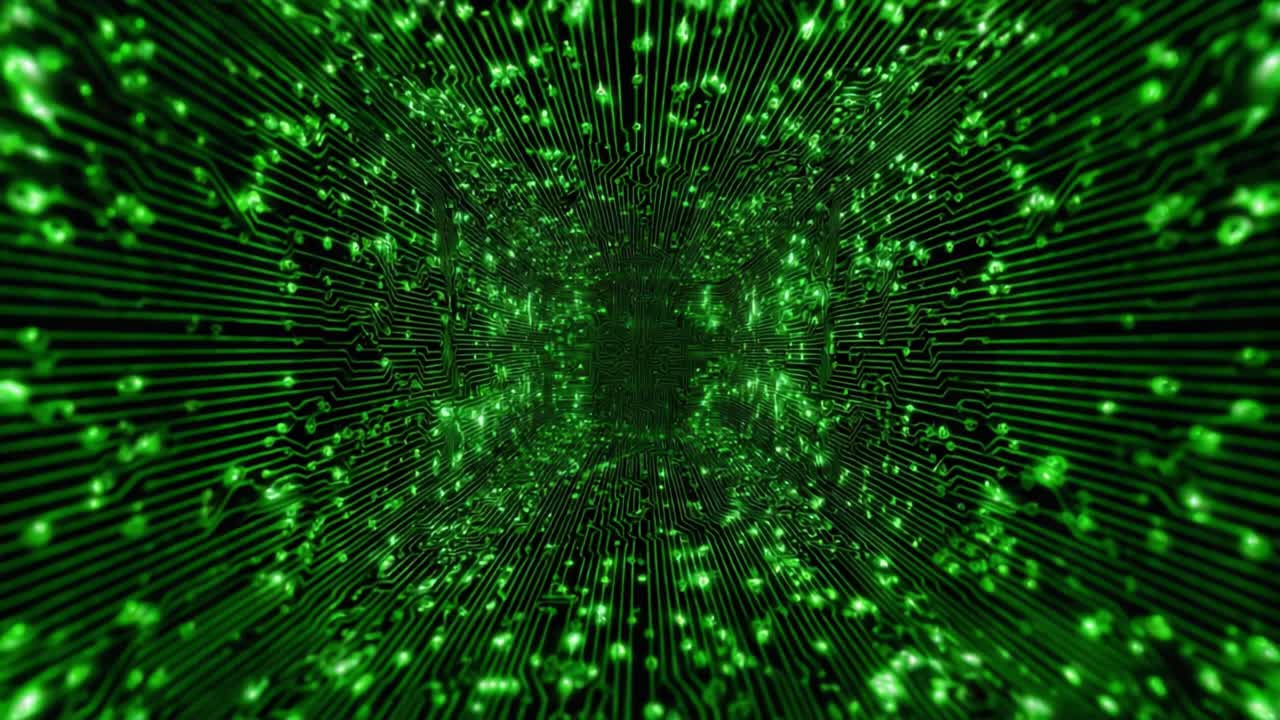A Deep Dive into the Illuminated Circuitry: An Immersive Journey Through a Neon Green Tunnel of Electric Connections and Data Flow