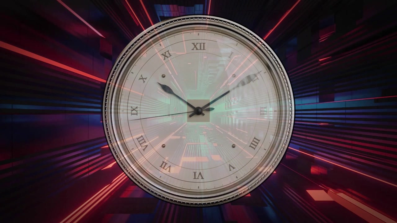 Animation starting with neon tunnel flaring, analog clock moving clockwise and showing time passing