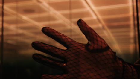 hand in lace glove under colored lighting