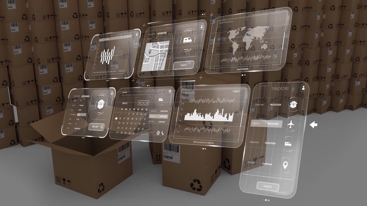 animación del procesamiento de datos en pantallas sobre cajas de cartón